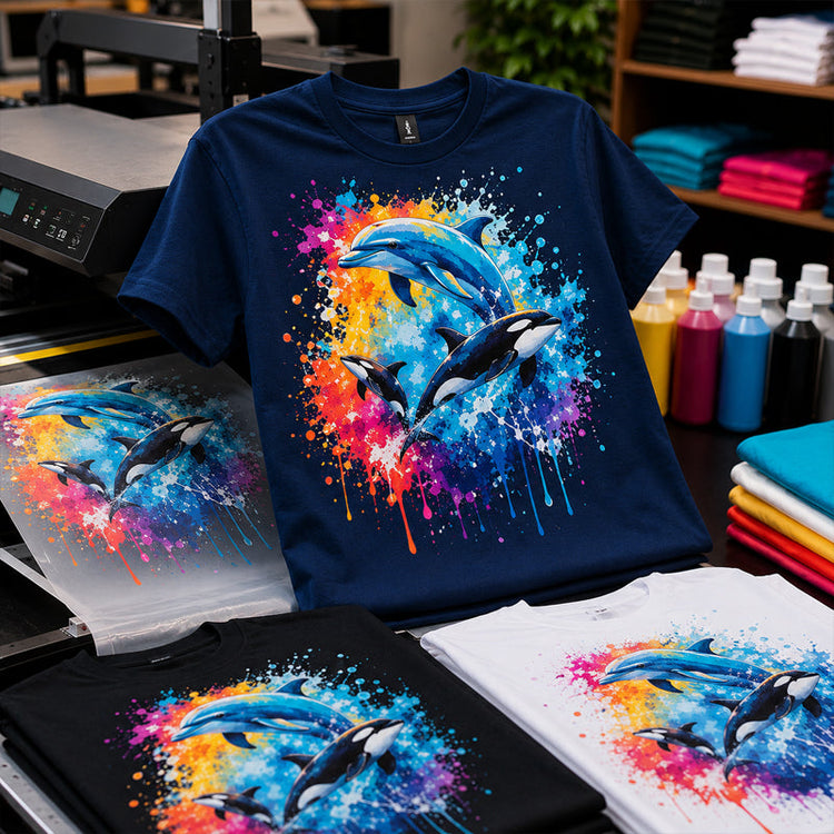 Colorful custom DTF transfers for T-shirts featuring dolphin and orca designs