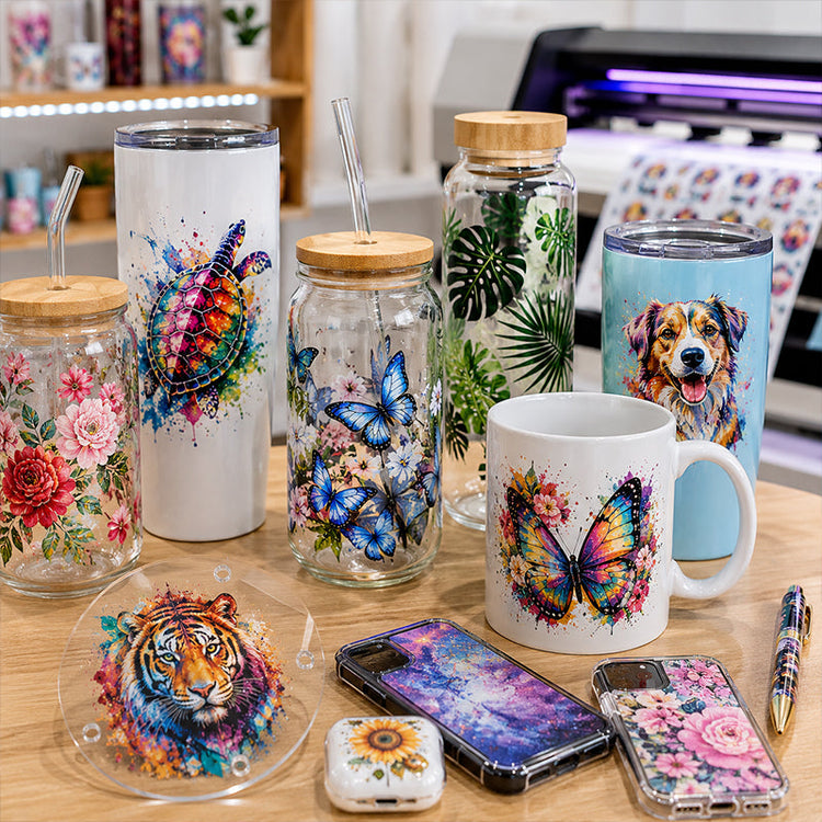 Custom UV DTF transfers for tumblers, glassware, mugs and hard surfaces